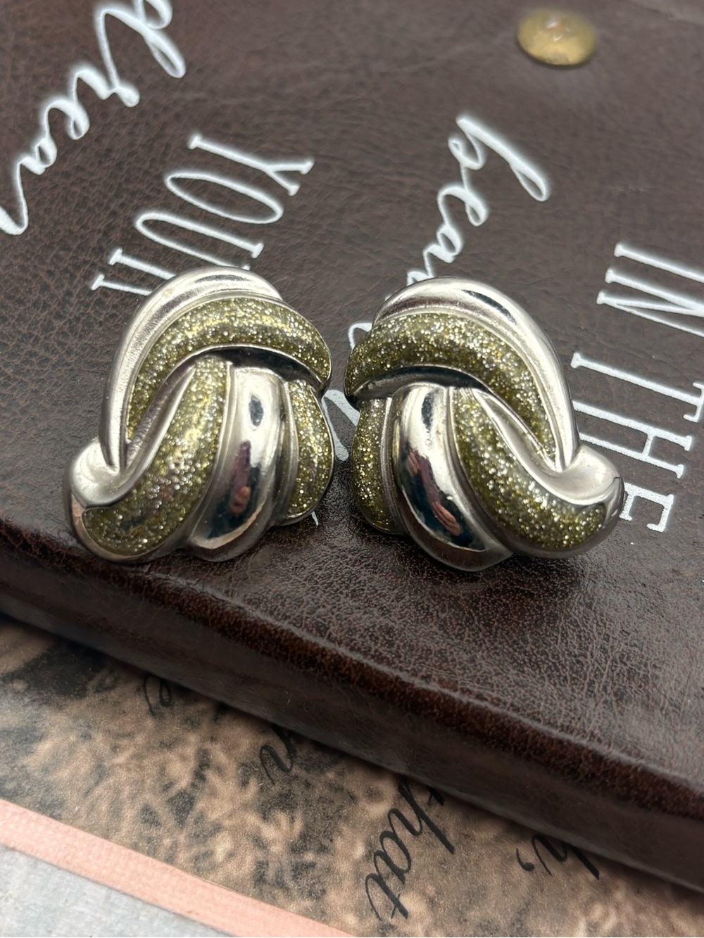 Vintage Two Tone Glitter Knot Earrings 80s 90s Sculptural Statement